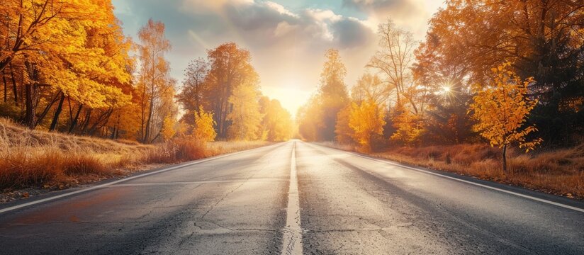 Autumn highway during fall season with beautiful scenic view, perfect for a copy space image.