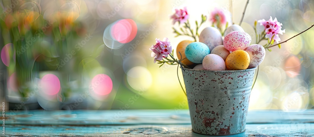 Poster easter-themed decorations featuring a selective focus, including decorative eggs in a bucket, with s