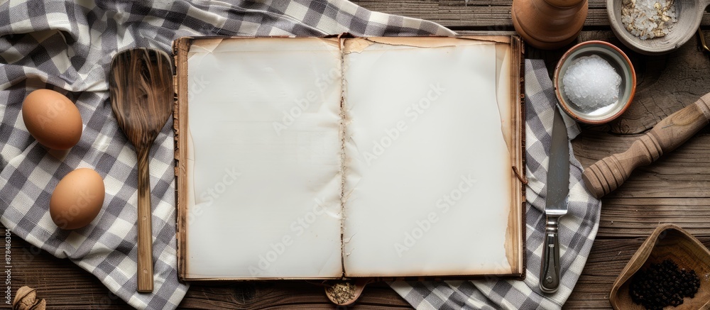 Aufkleber Flat lay of a blank recipe book and kitchen utensils on an aged wooden table with the possibility to add text in the copy space image.