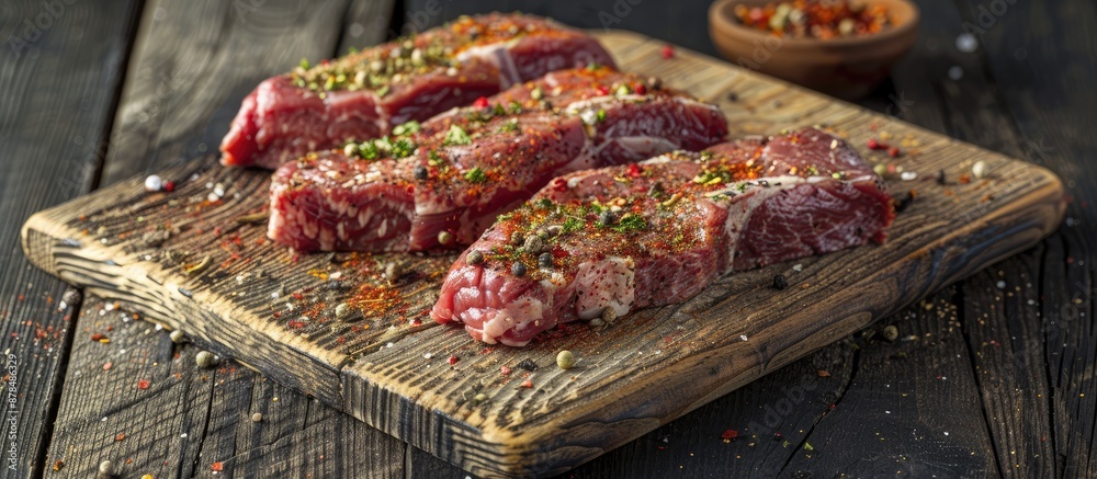 Poster An aged cutting board holds three uncooked meat slices seasoned with spices, with selective focus on the setup for a copy space image.