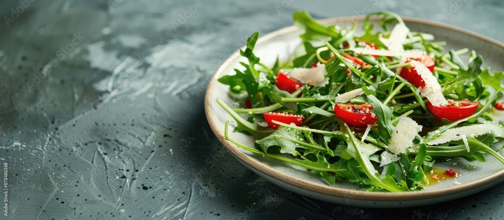 Aufkleber arugula and parmesan cheese salad on a white plate against a dark backdrop with copy space image.