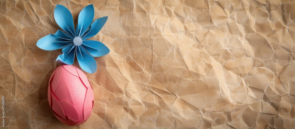 Poster easter concept background showing a pink egg adorned with a blue paper flower against a brown paper 