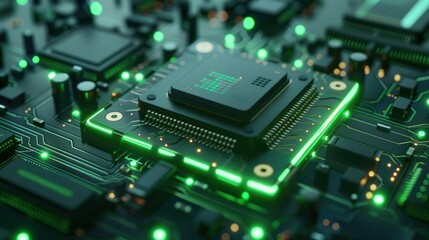 Fototapeta premium 3d rendering of an advanced micro turbodraskan chip with glowing green lights on top of the circuit board