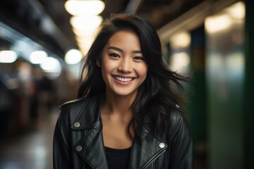 Obraz premium Portrait of a joyful asian woman in her 20s sporting a classic leather jacket over bustling city subway background