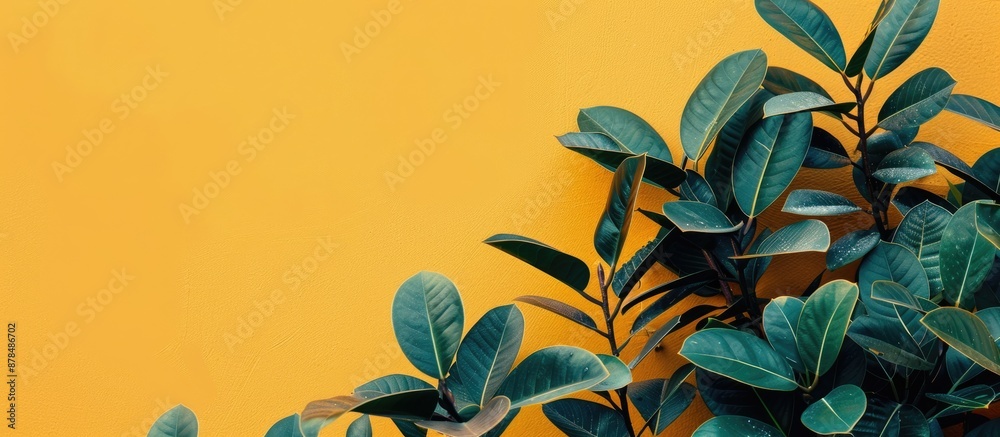 Poster copy space image featuring ficus lyrate leaves against a yellow backdrop.