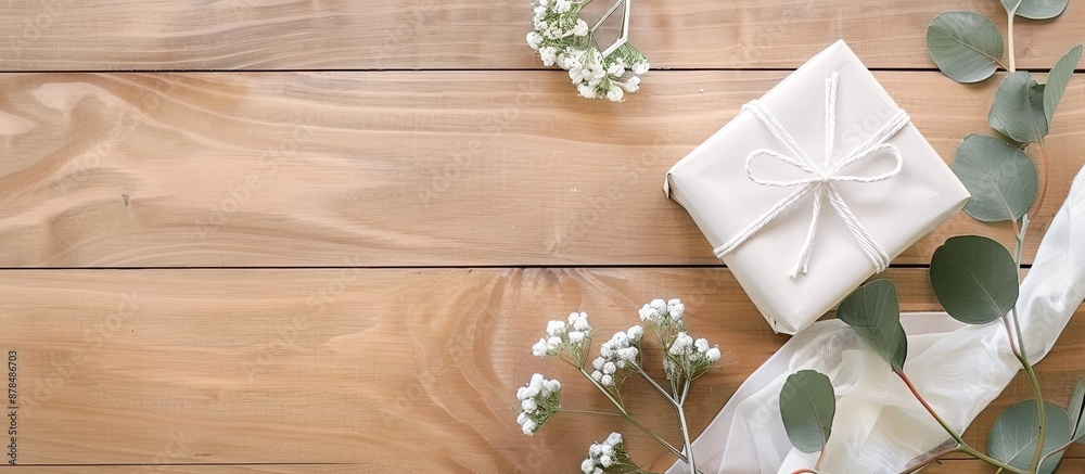 Poster Bright wooden table with a white gift box featuring a mock up and copy space image in a top view.
