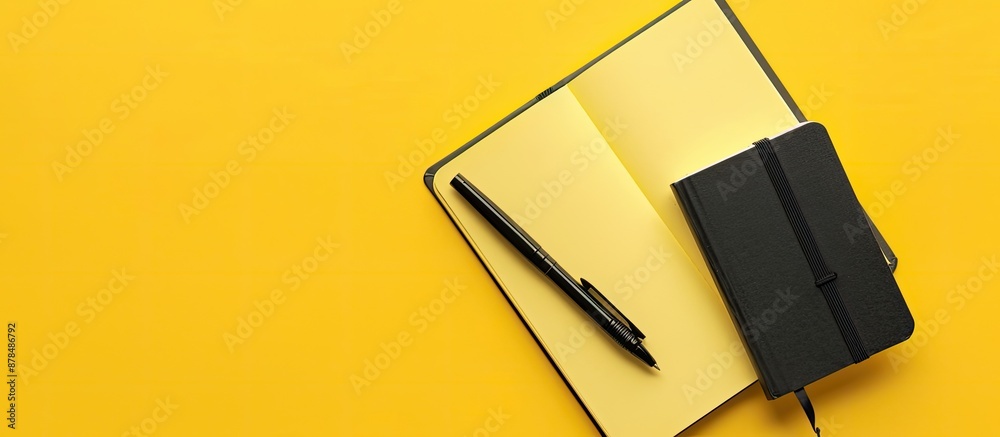 Poster Business notebook and pen on a yellow background with ample copy space image.