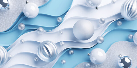 Abstract Christmas composition with silver and white baubles on flowing blue and white fabric waves, creating a modern festive design