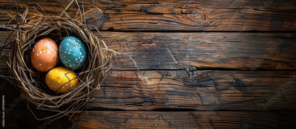 Poster easter-themed with eggs on wooden backdrop featuring a copy space image.