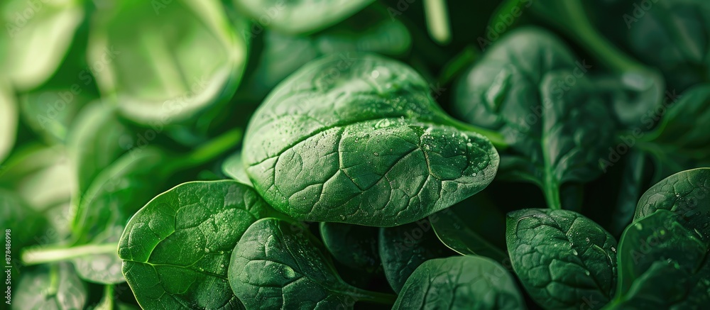 Poster close up view of fresh green spinach shown in natural light with a background providing ample copy s