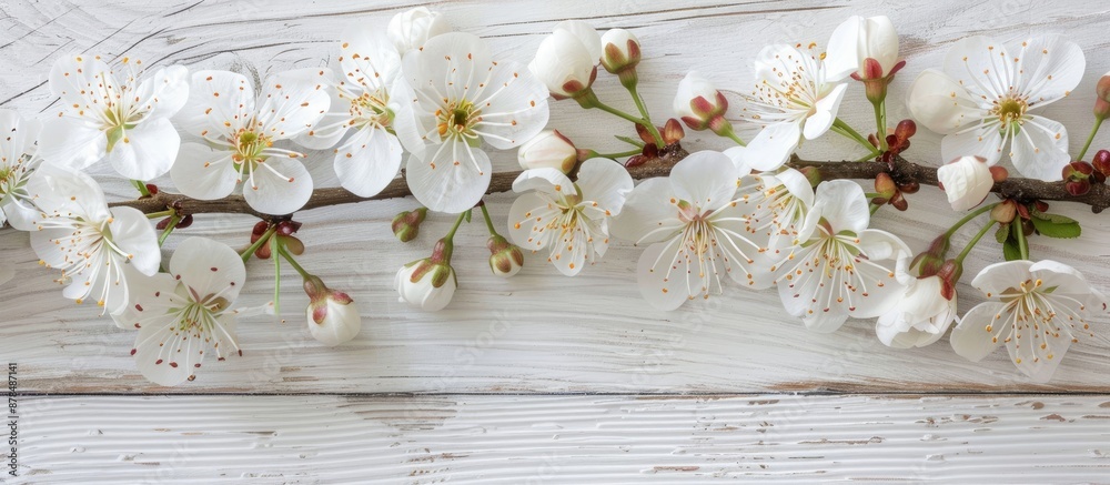 Poster Close-up view of white spring blossom on a white wooden surface with a copy space image, ideal for design with a floral pattern.
