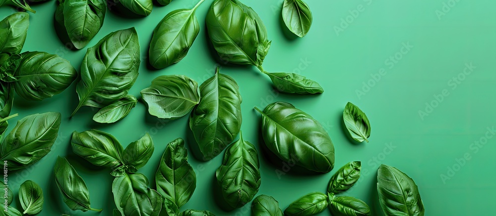 Poster basil leaves on a bright backdrop with copy space image.