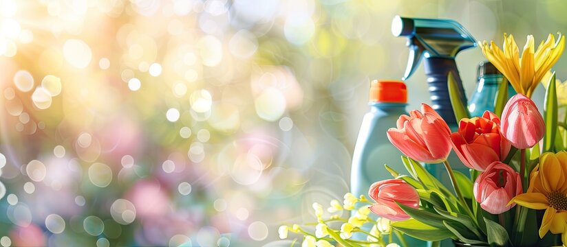 Concept of spring cleaning depicted with cleaning supplies next to vibrant flowers on a blurred background, providing ample copy space image.