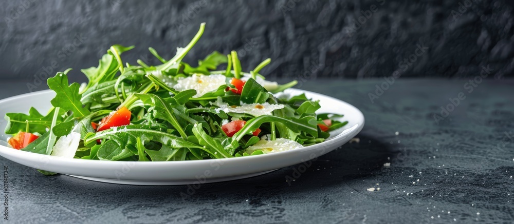 Poster arugula and parmesan cheese salad on a white plate against a dark backdrop with copy space image.
