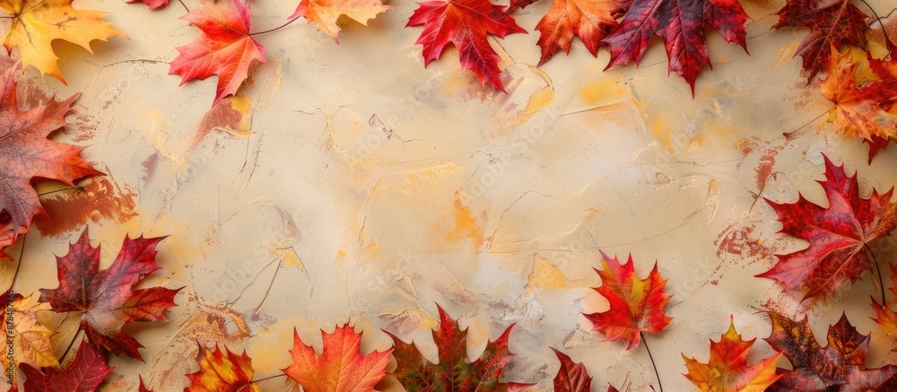 Poster colorful autumn leaves surrounding a blank copy space image set against a subtle beige backdrop.
