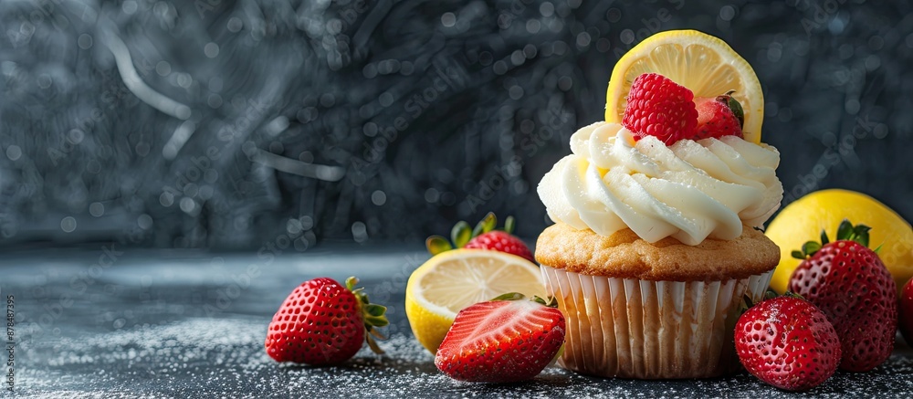 Aufkleber Cupcakes topped with strawberries and lemons on a dark backdrop with copy space image available.