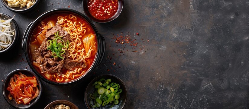 Beef soup noodles with Kimchi, a Korean dish, are presented in a copy space image.