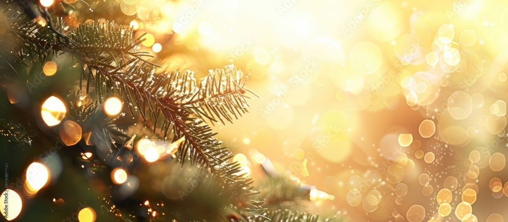 Aufkleber festive banner with a blurred bokeh background featuring light bulbs and christmas tree branches, pe