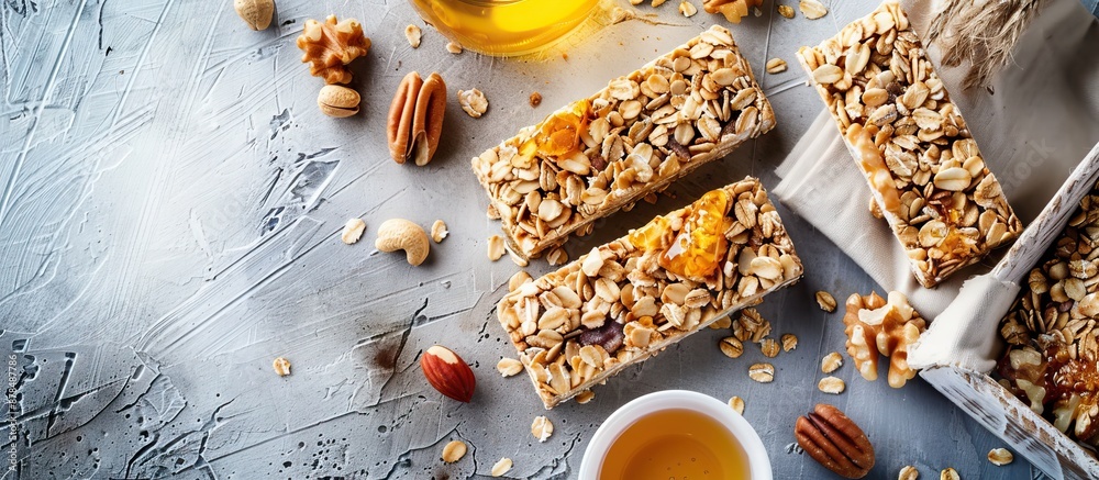 Poster Cereal bars with nuts, muesli, and honey, with a blank space for your own image. image with copy space