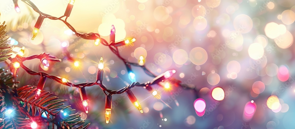 Poster Christmas lights creating a festive atmosphere against a light background with copy space image.