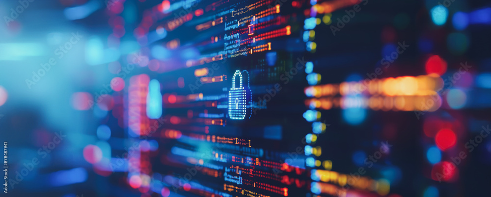 Poster a blue padlock icon on a digital screen with programming code