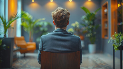 Nervous Applicant in Empty Waiting Room: Job Interview Anticipation