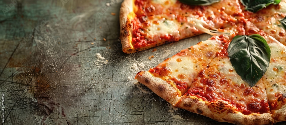 Poster Close-up of a Pizza Margherita with a missing slice, displaying copy space image.