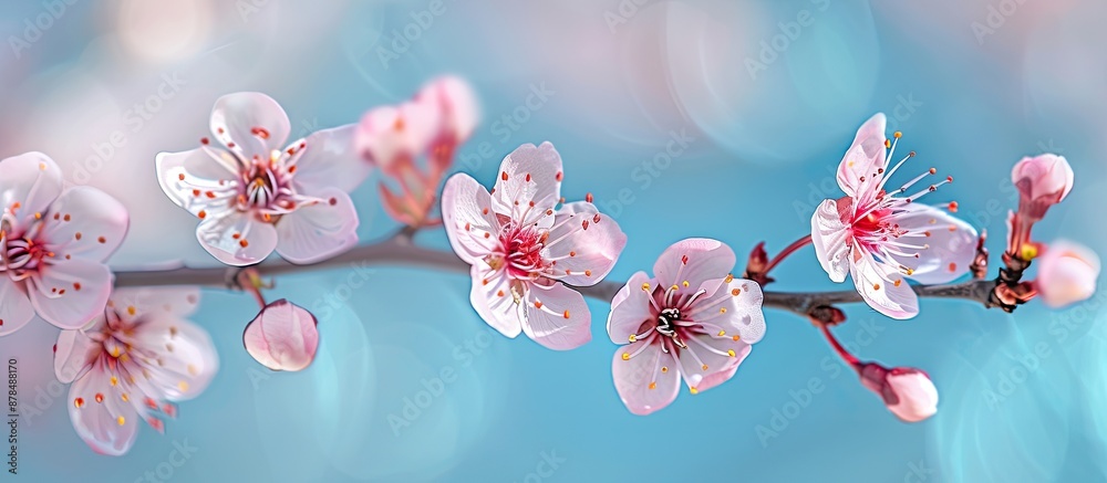 Poster cherry blossoms bloom on branches set against a blue sky, embodying the essence of spring, with a fo