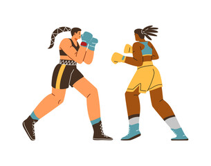 Two women boxers fighting, battle sports game competition, vector flat professional sports girls wrestling isolated