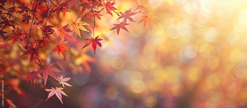Poster blurry natural background with autumn maple leaves in red and yellow, perfect as a copy space image.