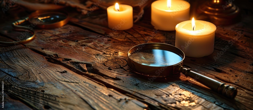 Poster antique mahogany table with candles, a serene setting for text, and a vintage magnifying glass, crea