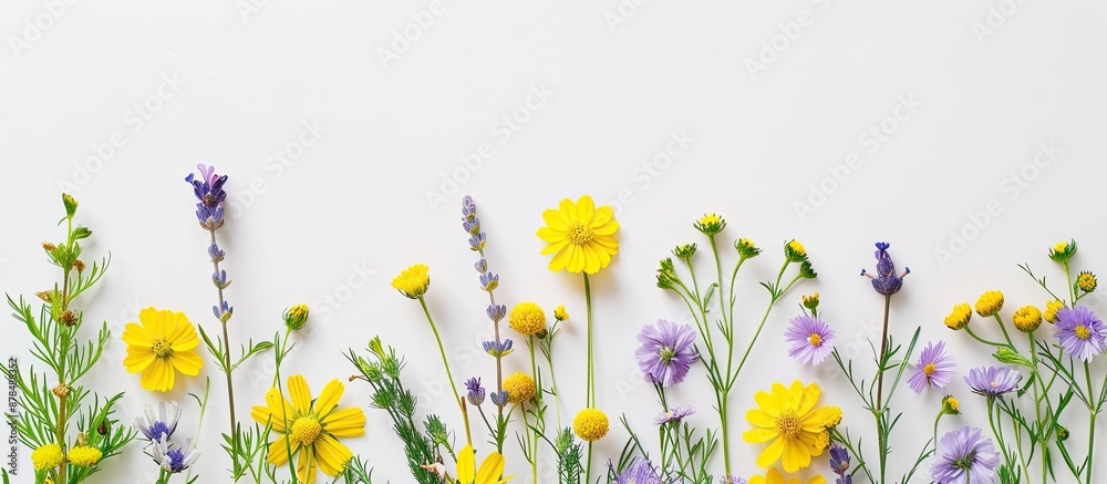 Poster flat lay image with yellow and purple meadow flowers on a white backdrop, featuring copy space.
