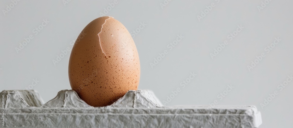 Poster close-up of a fresh chicken egg on an egg box against a white background, including a fragile egg sh