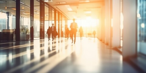 Silhouettes of People Walking Towards the Light in a Modern Office Building