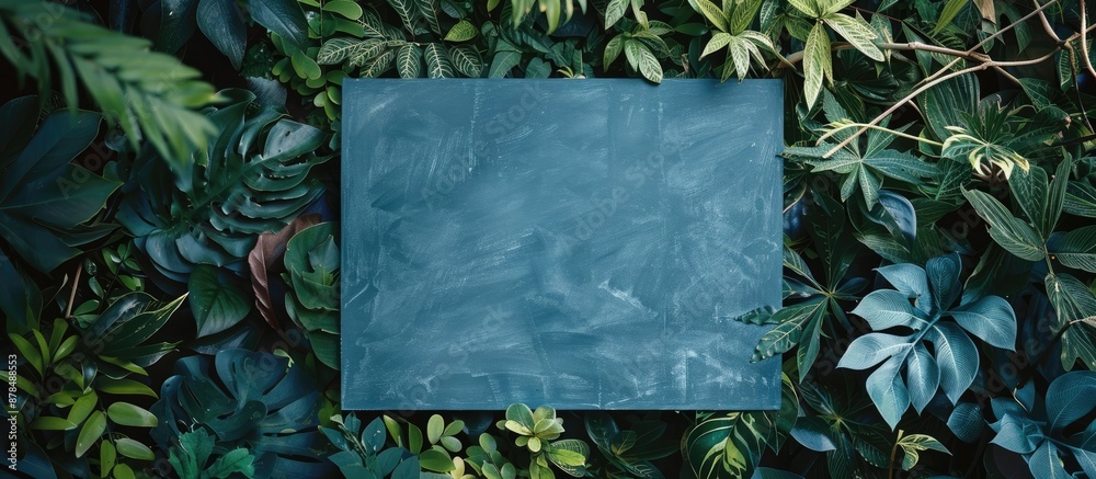 Poster An empty blue paper rests on lush greenery in a natural setting, providing ample space for adding an image.