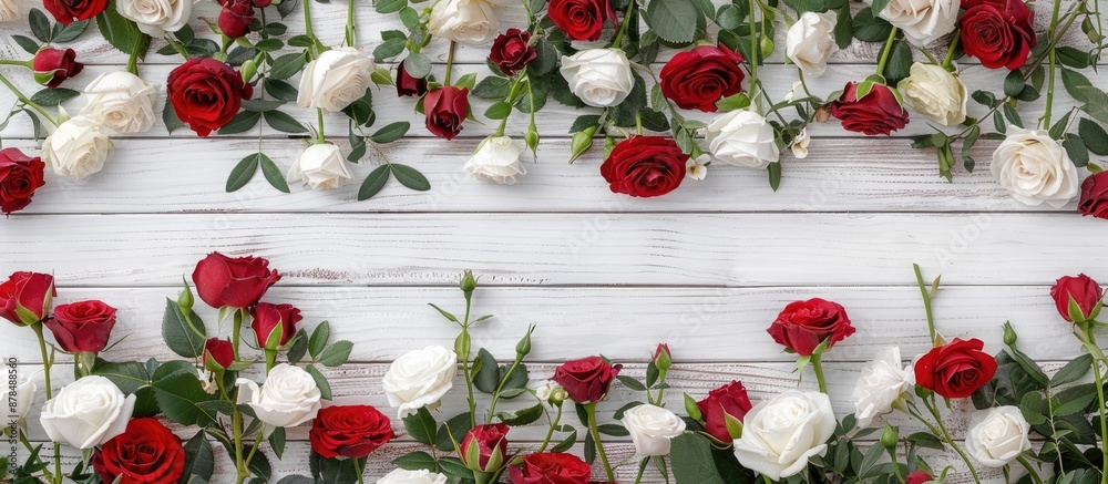 Poster eustoma and roses arranged on a white wooden backdrop with ample copy space image.
