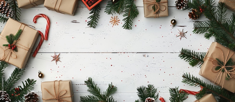Poster Flat lay frame featuring Christmas gifts and fir tree branches arranged on a white wooden background with copy space image.