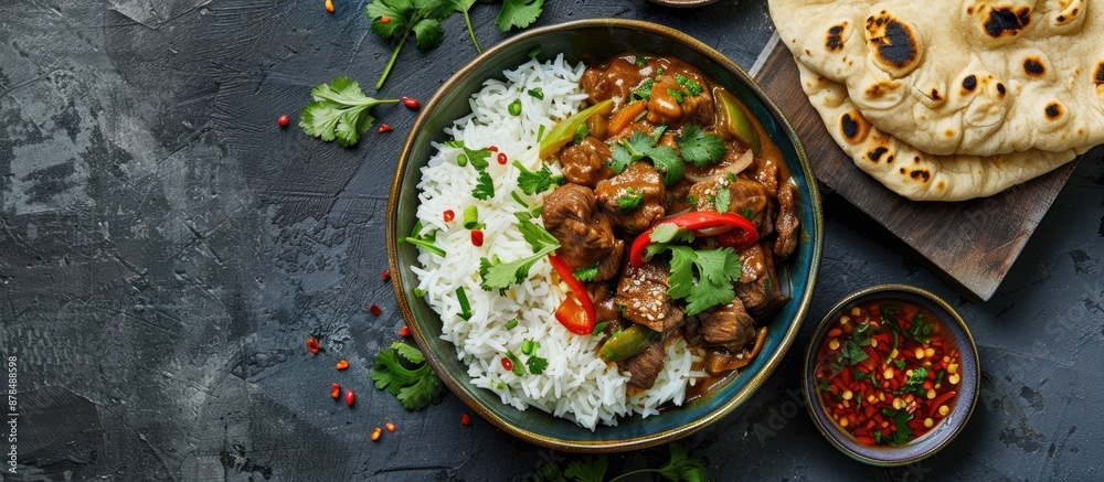 Poster asian beef stir-fry with sweet peppers, rice, and naan bread showcased in a top-view setting on a da