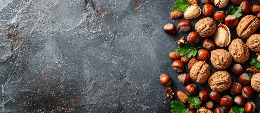 Poster Assorted nuts and hazelnuts arranged on a fresh background with copy space image.