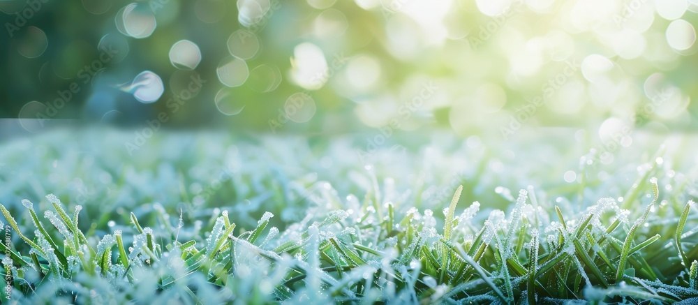 Poster close-up of icy crystals forming on lush green grass with a natural bokeh background, ideal for wide