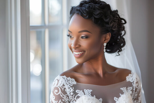 Beautiful Black wedding bride, girl posing and smiling on her wedding day, brazilian bride.