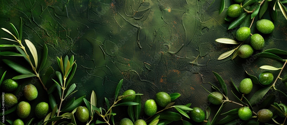 Poster aerial view of a background with green olives, allowing for prominent copy space image.