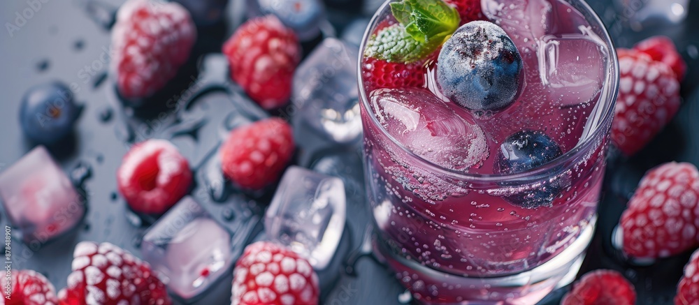 Poster Close-up view of a summer drink with berries and ice cubes on a table, providing copy space for an image.