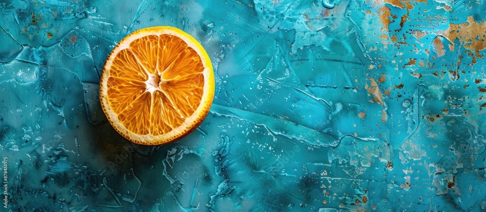 Poster copy space image of a vibrant orange on a textured blue backdrop, embodying a creative summer concep