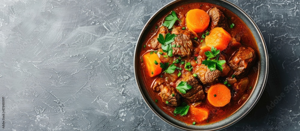 Poster Beef stew served in a bowl against a gray backdrop with a blank area for text in the image. image with copy space