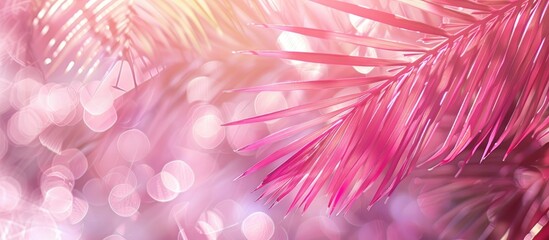 Obraz premium Abstract background with a pink palm leaf pattern texture and sunlit bokeh, suitable for tropical summer designs with vintage color tones and copy space image.