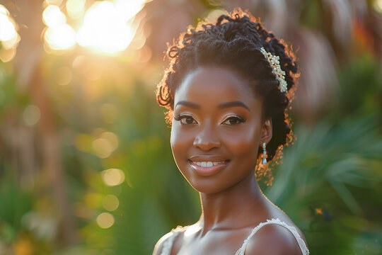 Beautiful Black wedding bride, girl posing and smiling on her wedding day, outdoor, sunlight, brazilian bride.