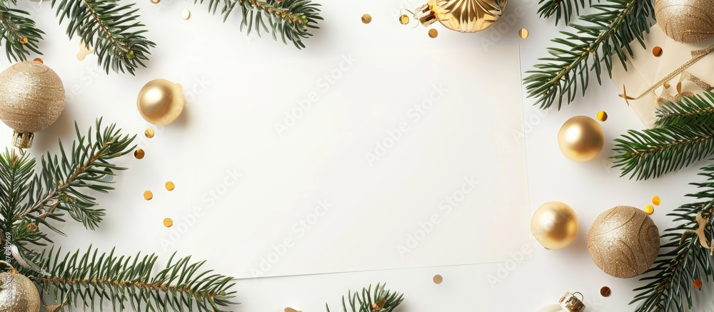 Poster Christmas-themed setup featuring a blank paper surrounded by Christmas tree branches and golden ornaments on a white backdrop, ideal for top-view photography with copy space image in a square format.