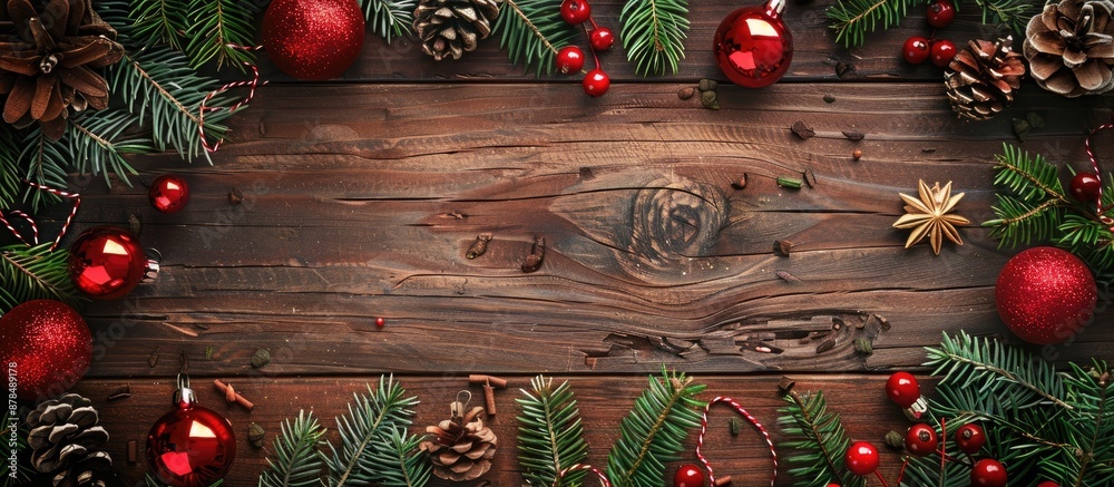 Poster festive holiday greeting card featuring christmas decorations on a wooden background with space for 