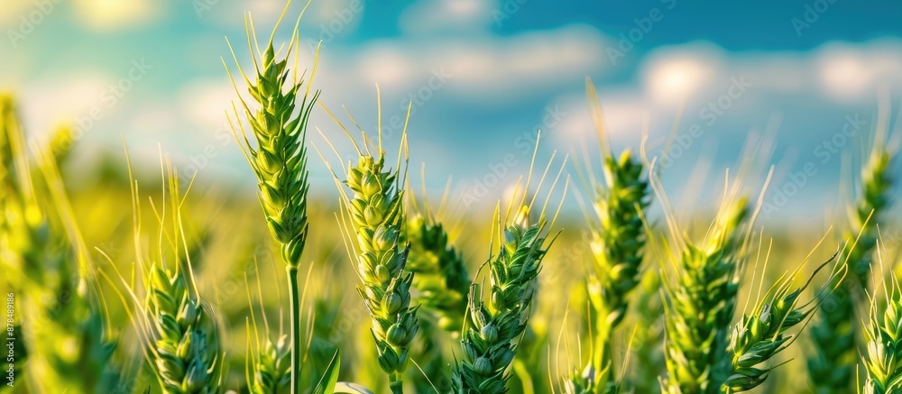 Poster close-up image of green wheat and barley spikelets on a farm field under a blue sky, with space for 